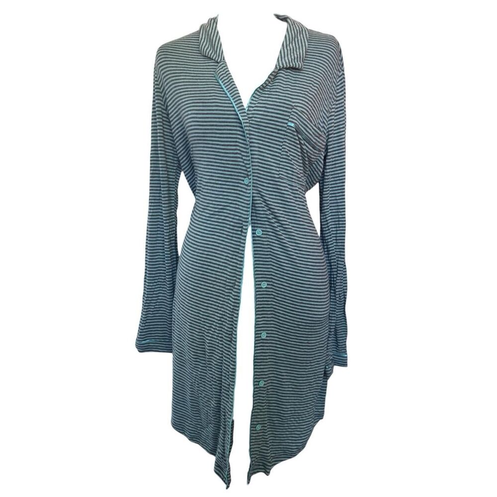 Indigo Pajama Blue & Gray Striped Long Sleeve Button Down Nightgown Size M